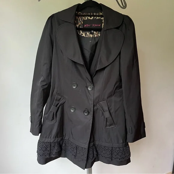 Betsey Johnson Black Trench Coat with Ruffled Hem - Picture 2 of 10